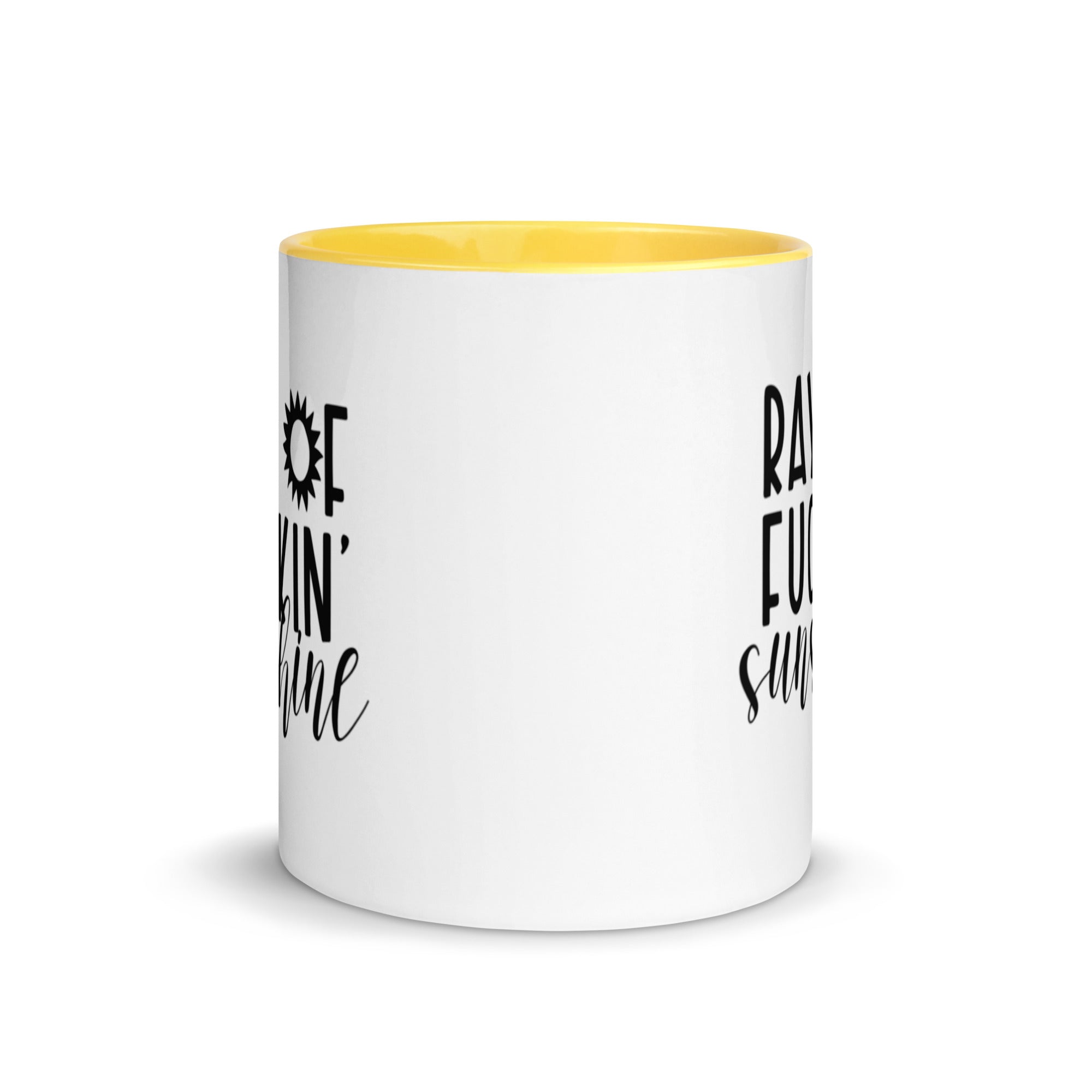 Colorful Ray of Fucking Sunshine Funny Mug with vibrant design and colorful rim, handle, and interior.