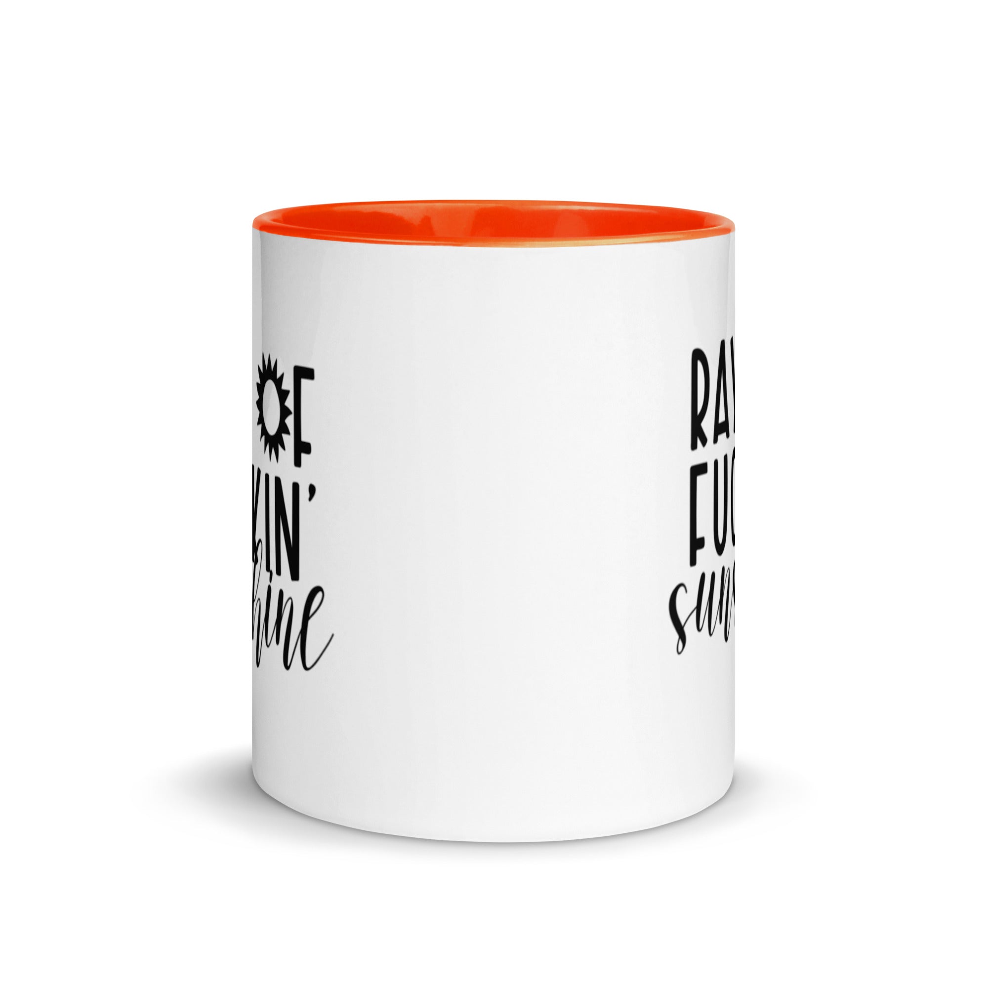 Colorful Ray of Fucking Sunshine Funny Mug with vibrant design and colorful rim, handle, and interior.