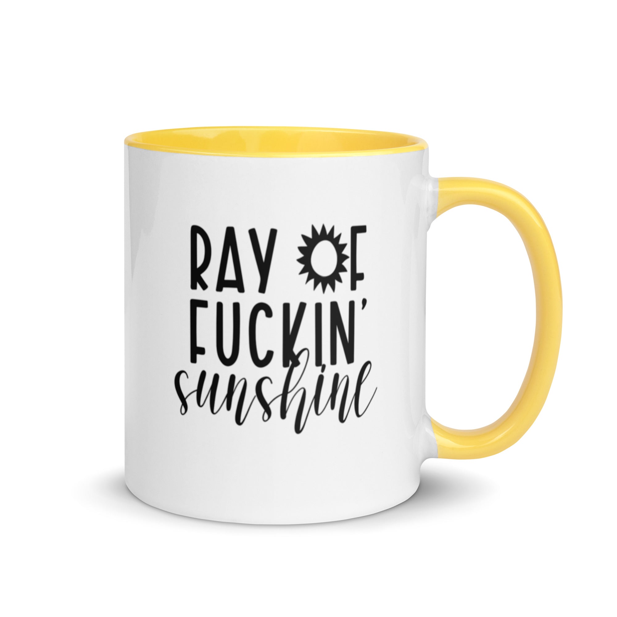 Colorful Ray of Fucking Sunshine Funny Mug with vibrant design and colorful rim, handle, and interior.