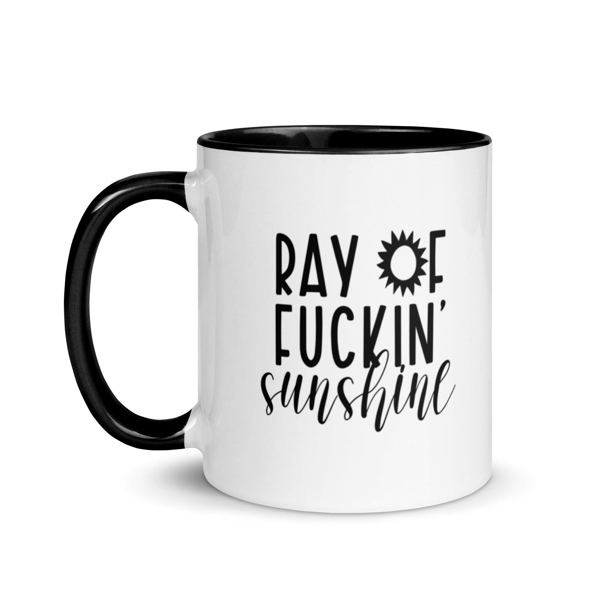 Colorful Ray of Fucking Sunshine Funny Mug with vibrant design and colorful rim, handle, and interior.