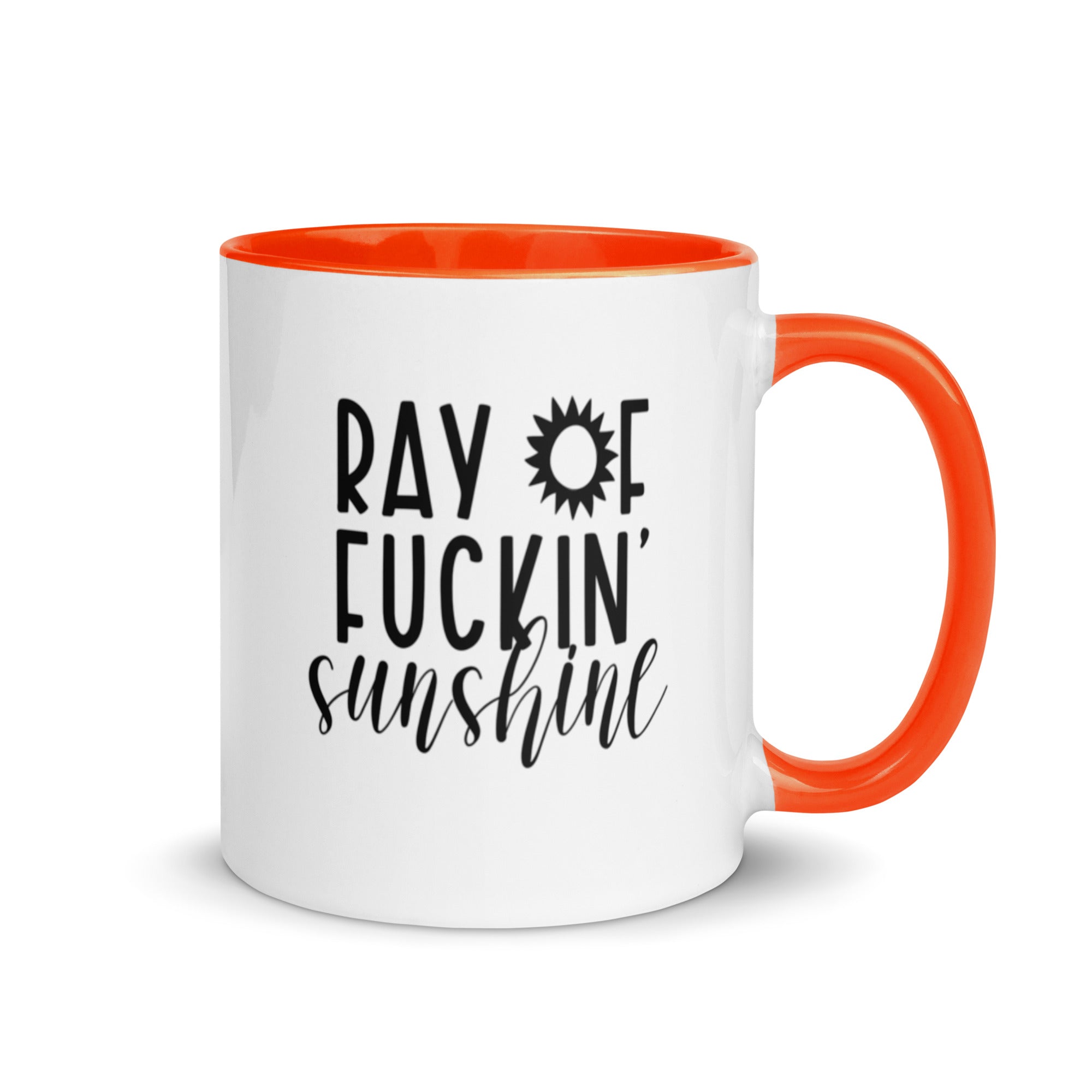 Colorful Ray of Fucking Sunshine Funny Mug with vibrant design and colorful rim, handle, and interior.