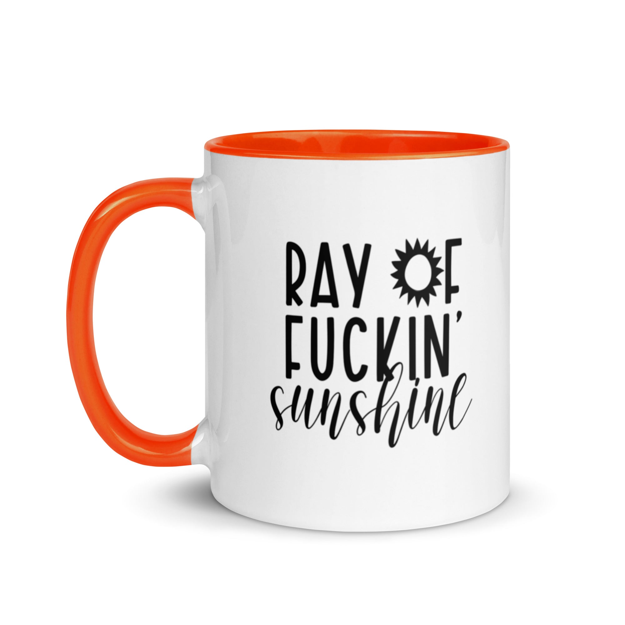 Colorful Ray of Fucking Sunshine Funny Mug with vibrant design and colorful rim, handle, and interior.