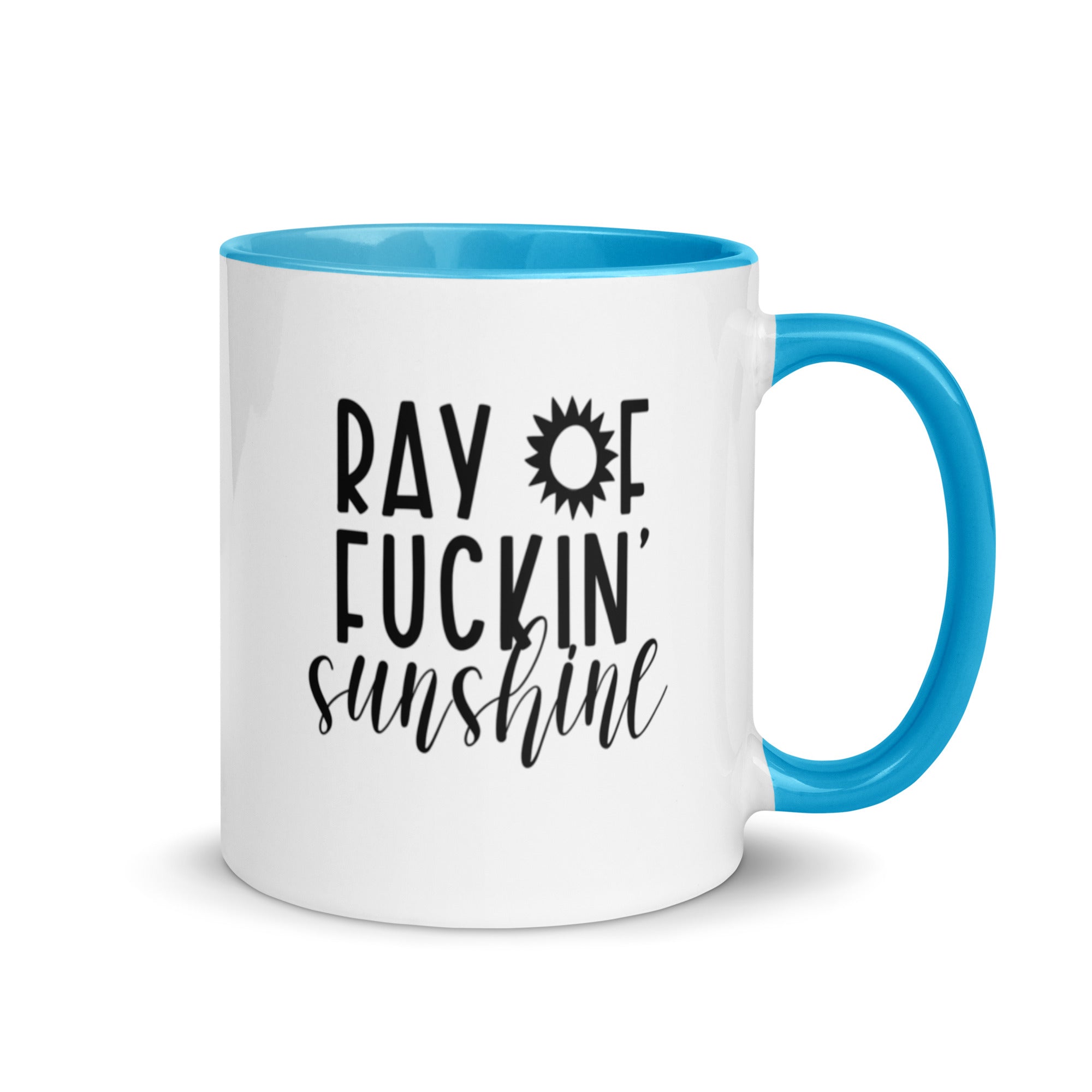 Colorful Ray of Fucking Sunshine Funny Mug with vibrant design and colorful rim, handle, and interior.