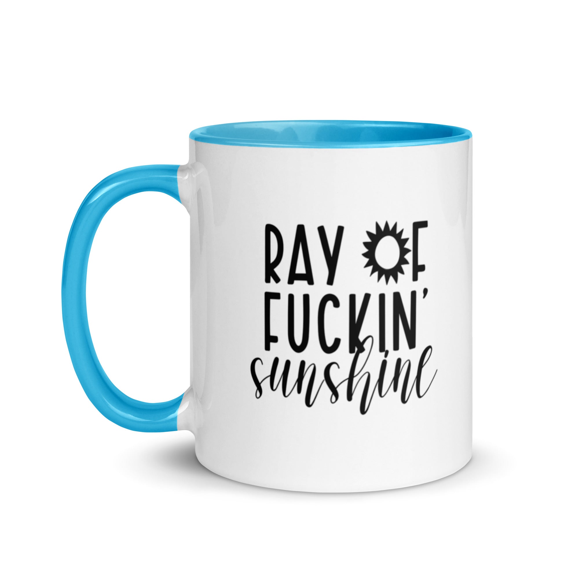 Colorful Ray of Fucking Sunshine Funny Mug with vibrant design and colorful rim, handle, and interior.