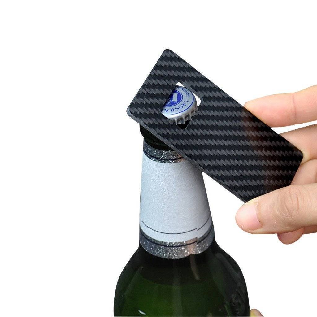 Real Carbon Fiber Credit Card Size Bottle Opener, showcasing its sleek design and lightweight construction, perfect for easy portability.