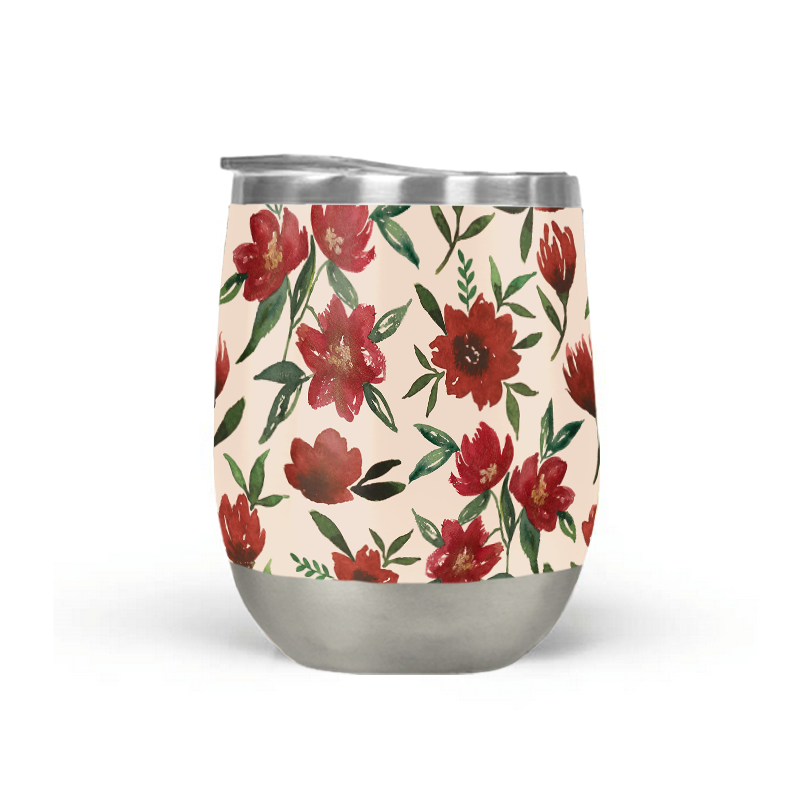 Red Fall Flowers Stemless Wine Tumbler showcasing vibrant floral design and stainless steel construction.