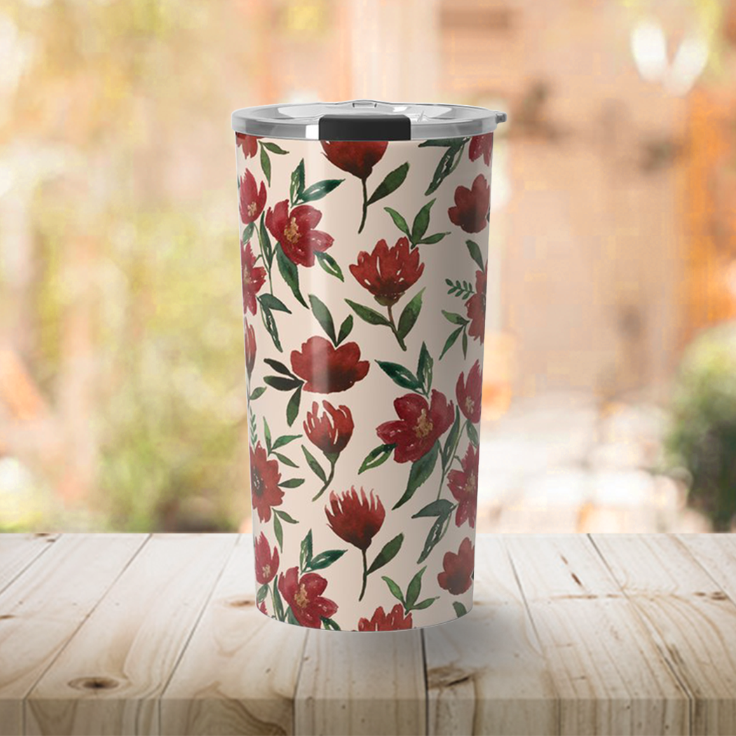 Red Fall Flowers Travel Mug featuring vibrant floral design and stainless steel construction.