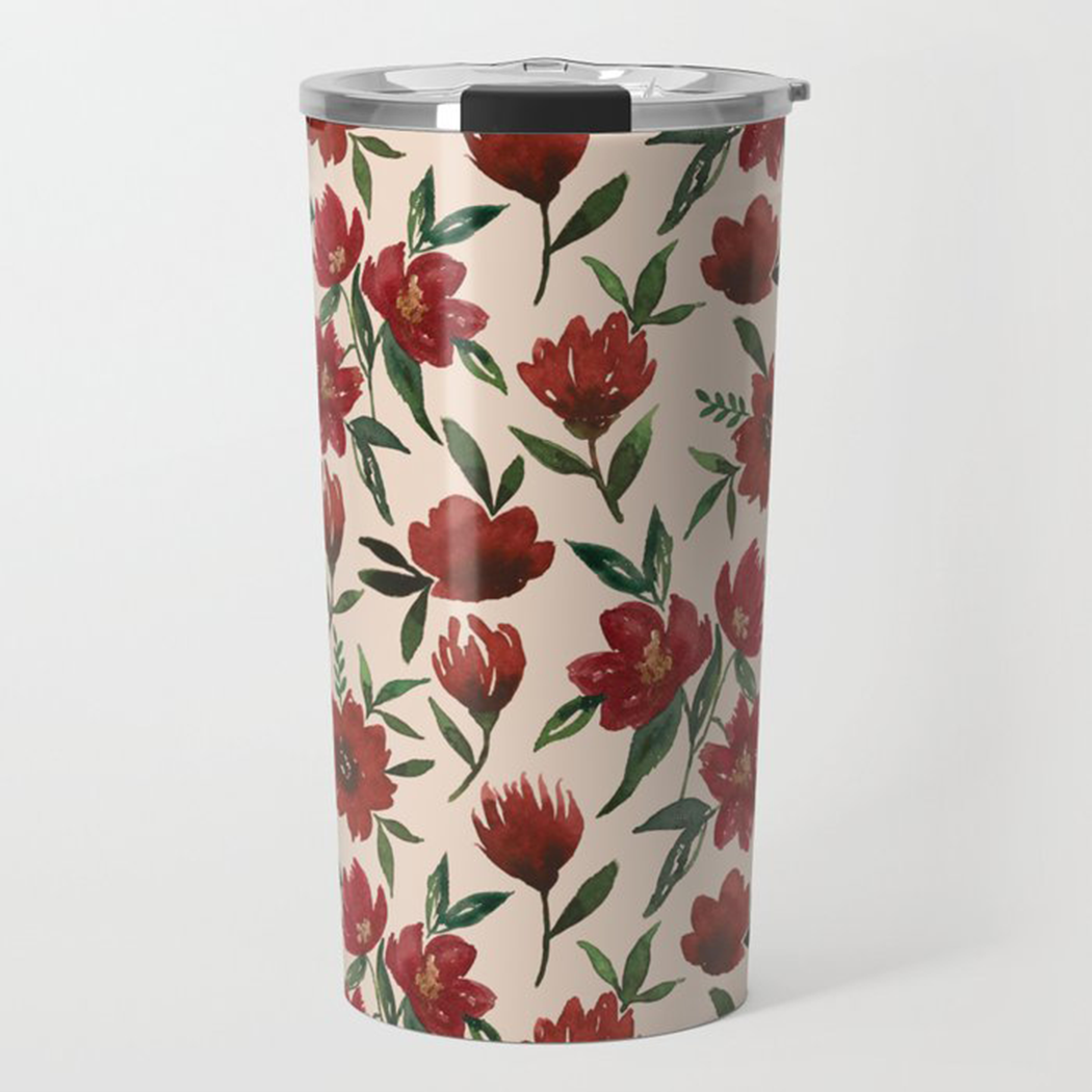 Red Fall Flowers Travel Mug featuring vibrant floral design and stainless steel construction.