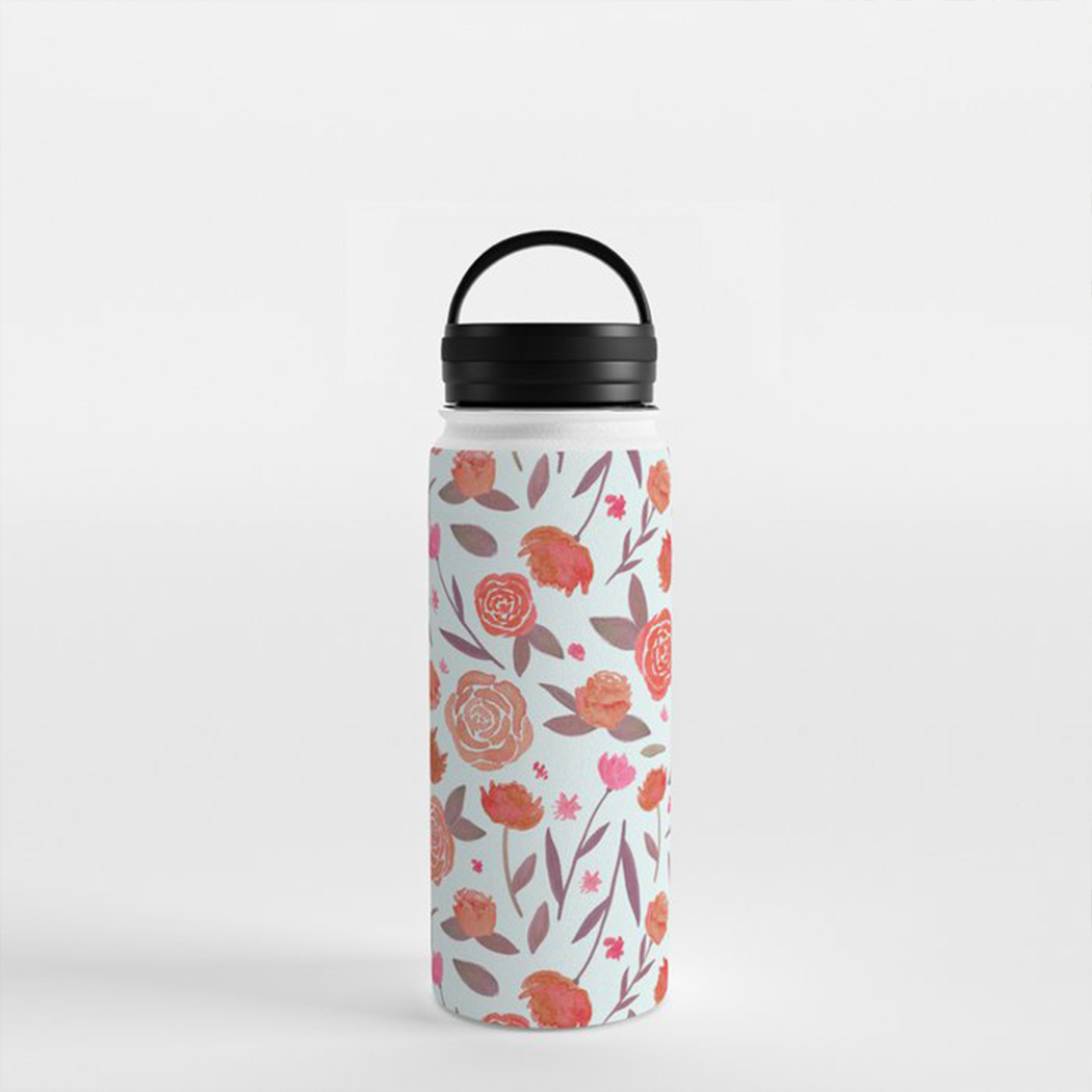 Red Floral Handle Lid Water Bottle with stainless steel body and floral design, perfect for hydration on-the-go.