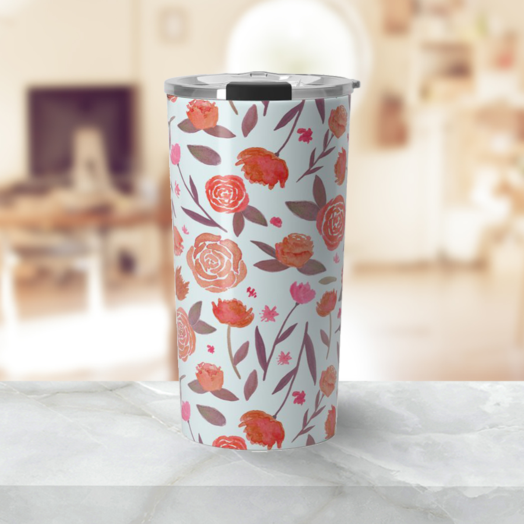 Red Floral Travel Coffee Mug made of stainless steel with floral design, double-wall insulation, and vacuum-sealed lid.