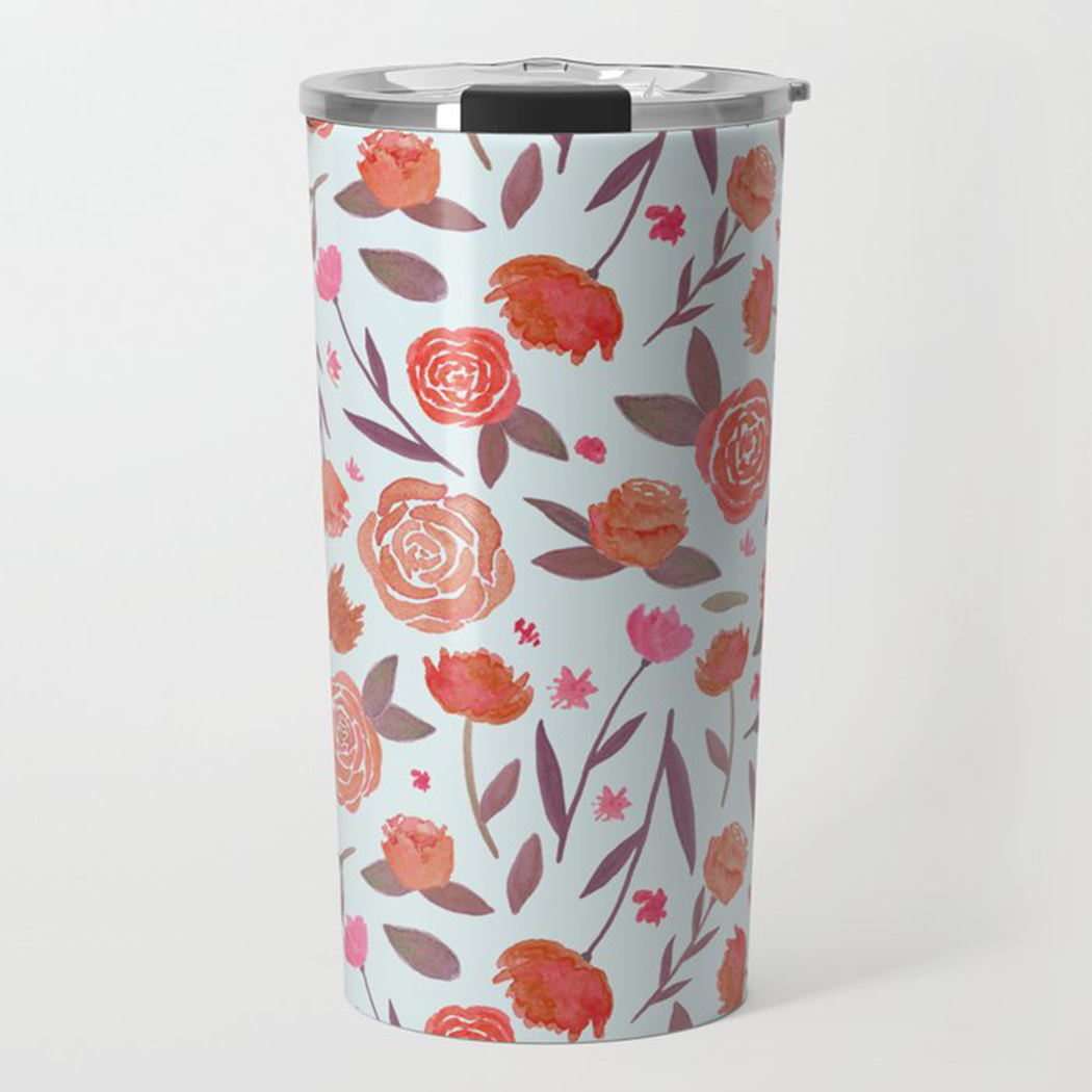 Red Floral Travel Coffee Mug made of stainless steel with floral design, double-wall insulation, and vacuum-sealed lid.