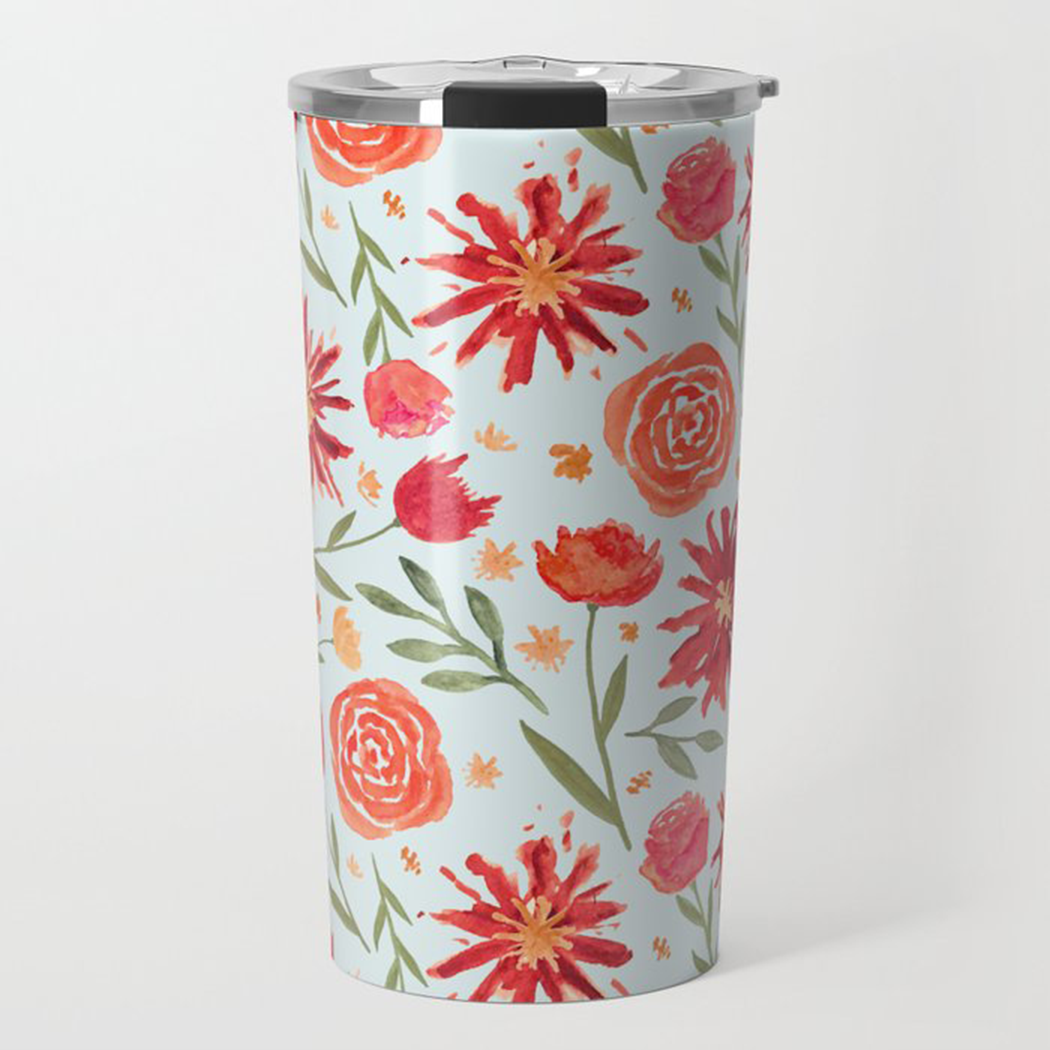 A vibrant Red Flower Burst Travel Coffee Mug made of lightweight stainless steel with a double-walled design, featuring beautiful floral artwork.