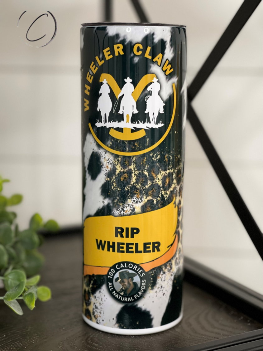 Rip Wheeler Claw 20oz Skinny Tumbler featuring a full wrap design, reusable straw, and durable construction for hot and cold beverages.