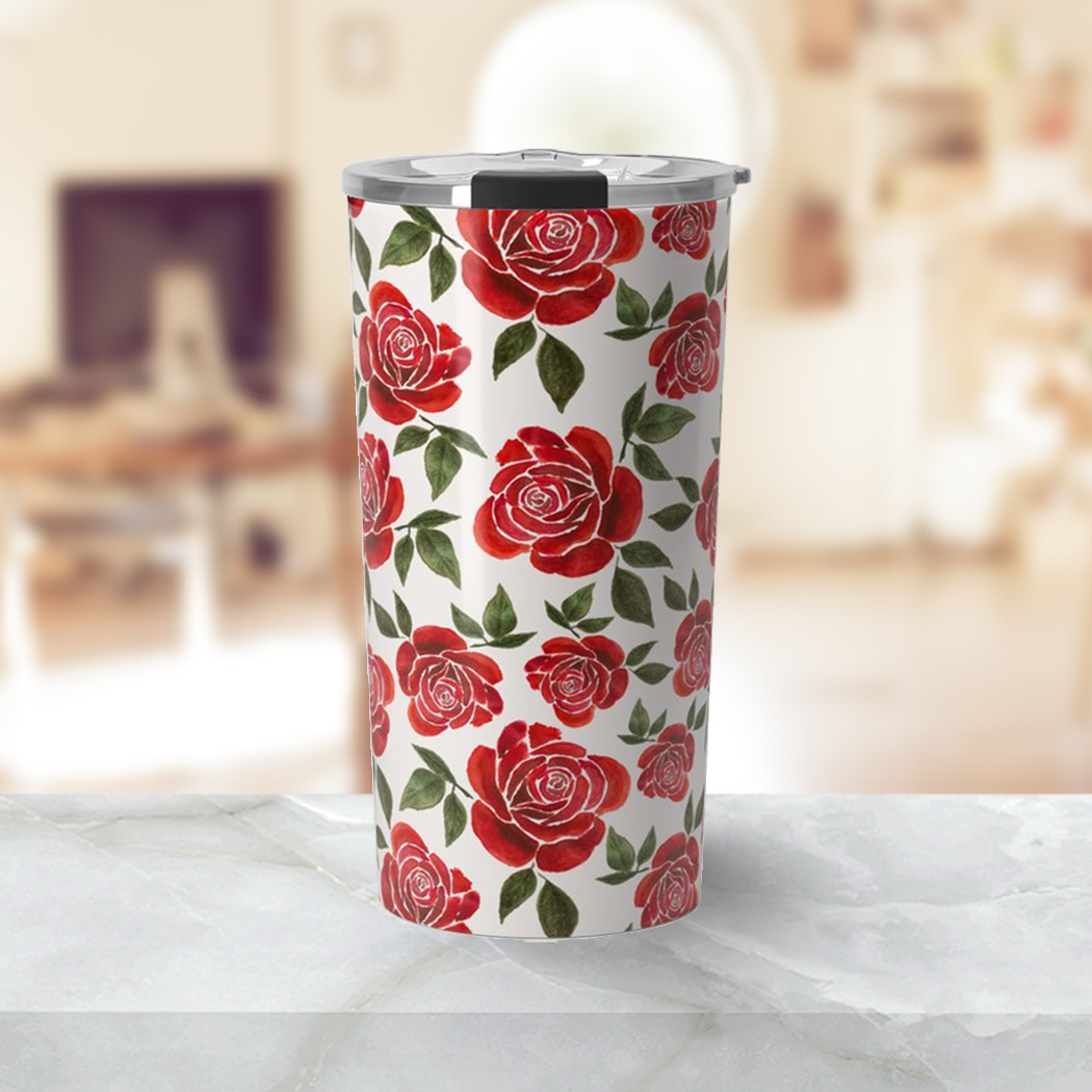 Rose Watercolor Travel Coffee Mug featuring a beautiful floral design, made of lightweight stainless steel with a vacuum-sealed lid.