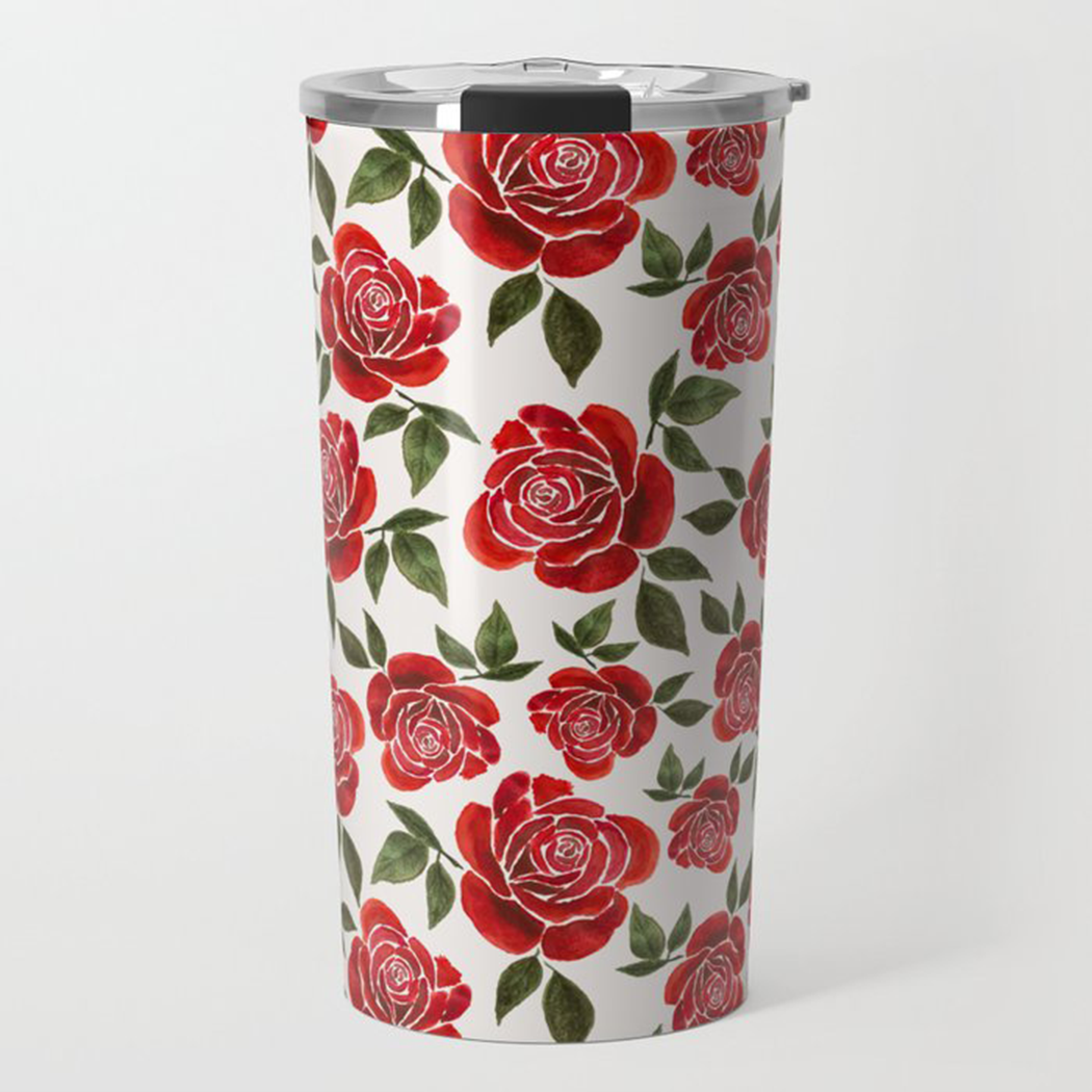 Rose Watercolor Travel Coffee Mug featuring a beautiful floral design, made of lightweight stainless steel with a vacuum-sealed lid.