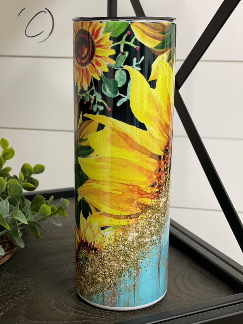 Rustic Sunflower 20oz Skinny Tumbler with a vibrant sunflower design, perfect for hot and cold beverages.