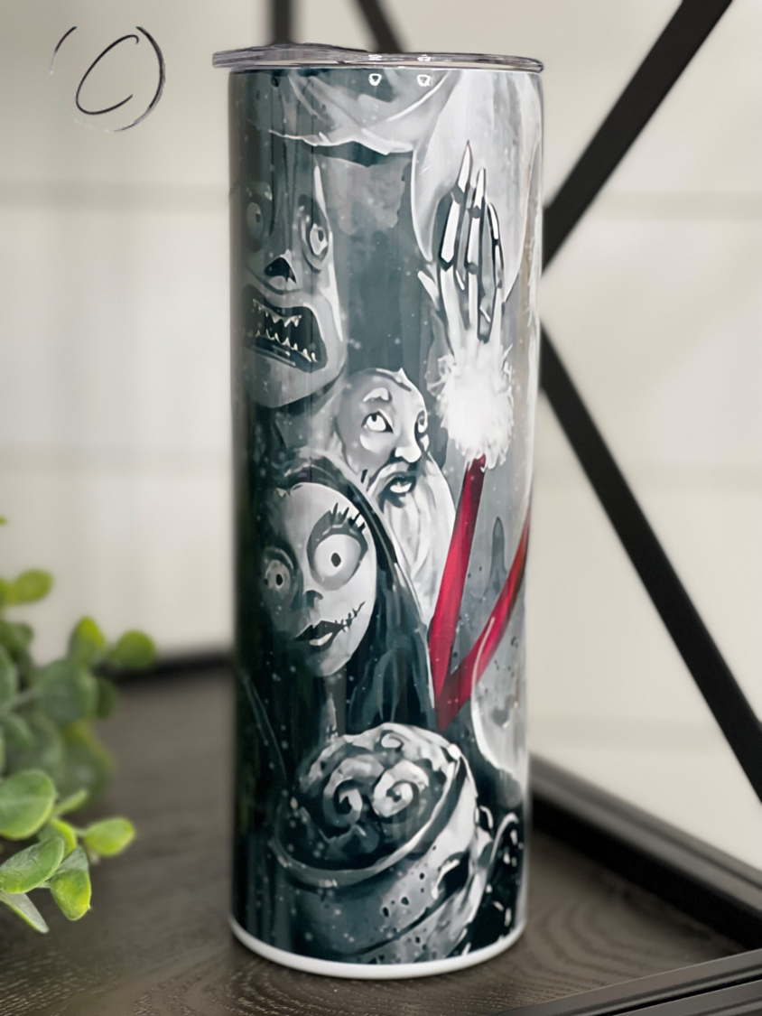 Sandy Claws 20oz Skinny Tumbler with vibrant design and reusable straw, perfect for drinks on-the-go.