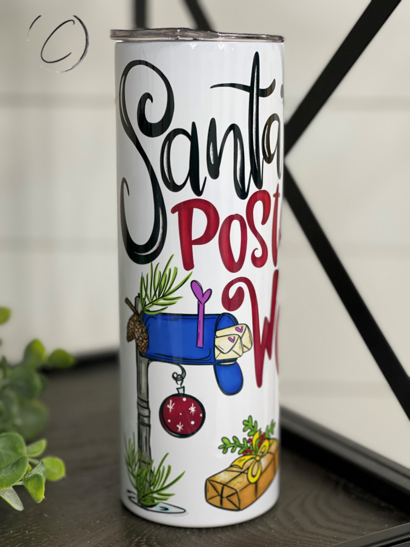 Santa's Favorite Postal Worker 20oz Skinny Tumbler with festive design and reusable straw.