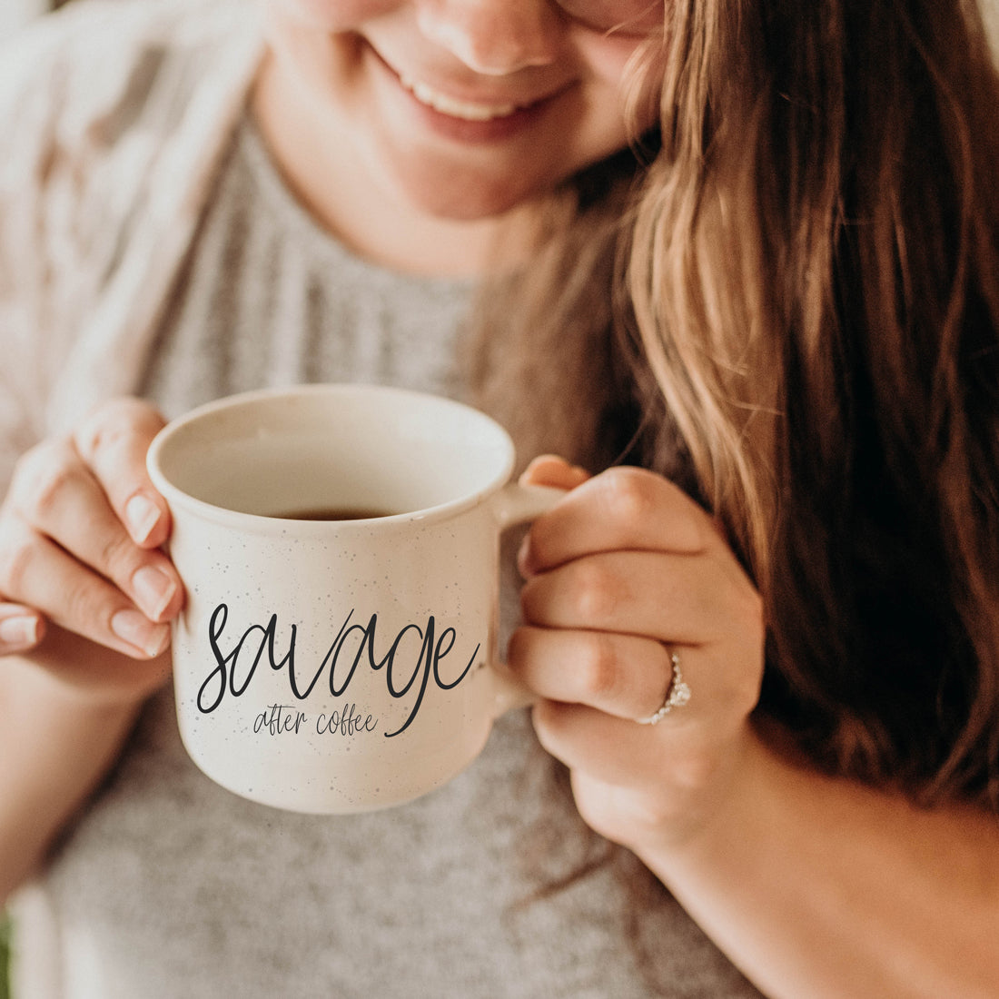 Savage After Coffee Mug with white sesame glaze and black lettering, showcasing a rustic campfire style design.