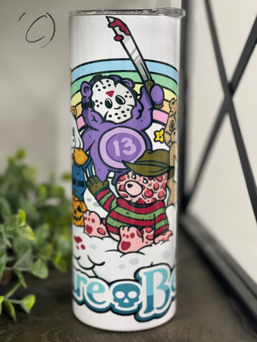 Scare Bears 20oz Skinny Tumbler featuring a vibrant full wrap design, perfect for stylish hydration.