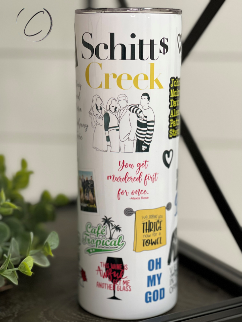 Schitt's Creek 20oz Skinny Tumbler featuring a vibrant design, reusable straw, and durable construction.