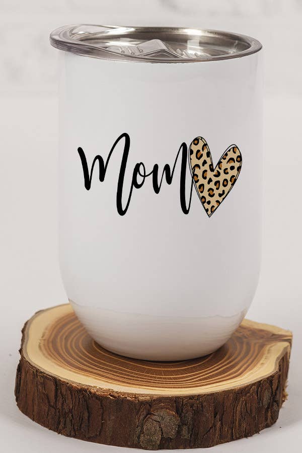 Script Mom Leopard Heart Wine Cup Tumbler with a stylish leopard heart design, stainless steel construction, and included lid and straw.