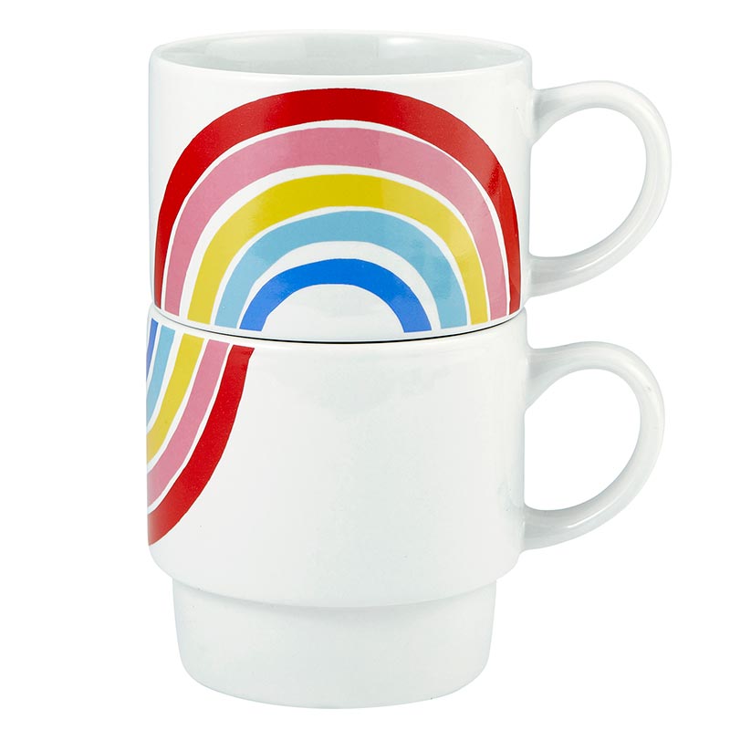 Set of 2 colorful ceramic rainbow stacking mugs with a vibrant design, perfect for coffee or tea.