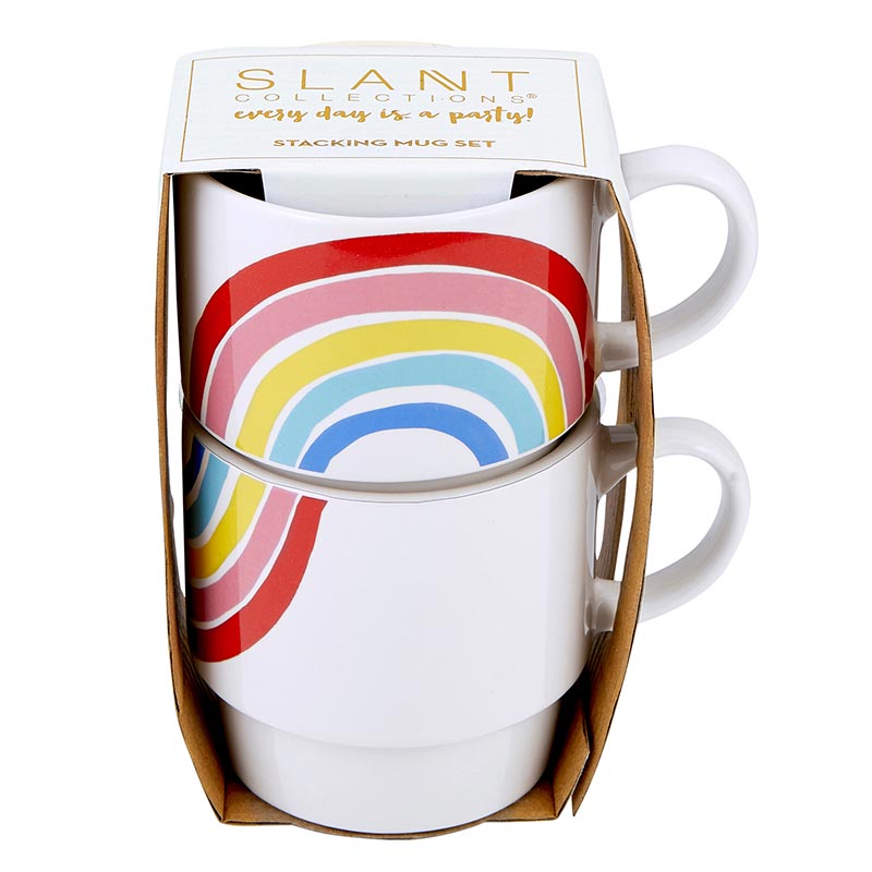 Set of 2 colorful ceramic rainbow stacking mugs with a vibrant design, perfect for coffee or tea.