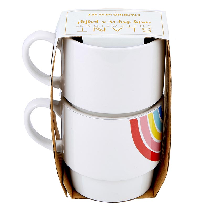 Set of 2 colorful ceramic rainbow stacking mugs with a vibrant design, perfect for coffee or tea.