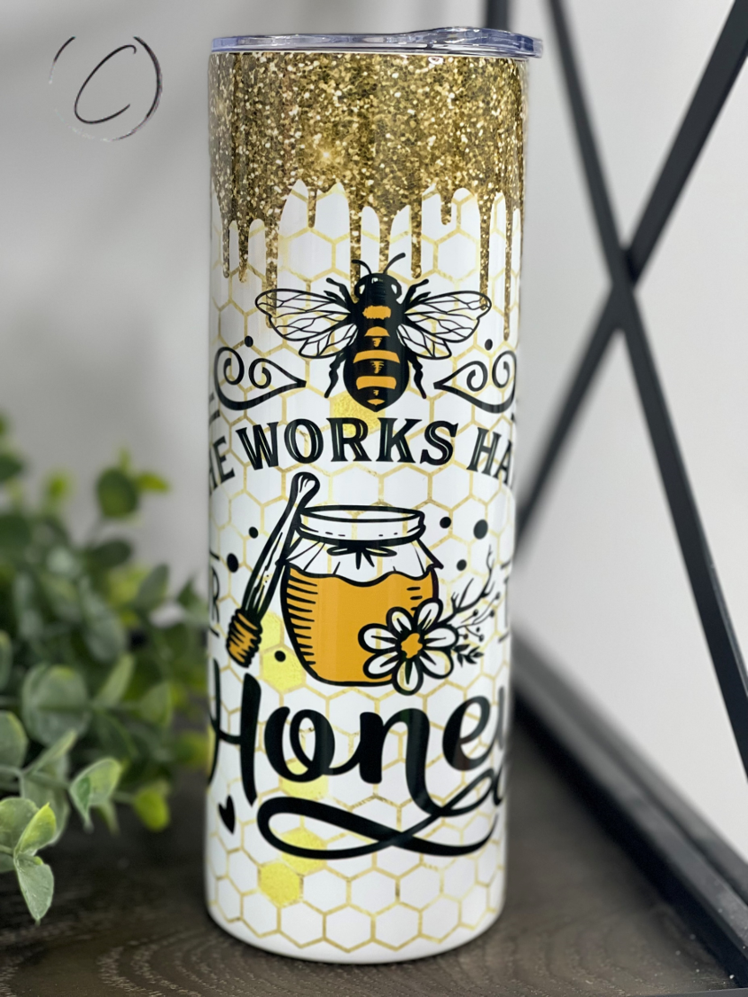 She Works Hard For The Honey 20oz Skinny Tumbler with a vibrant full wrap design, perfect for hot and cold beverages.