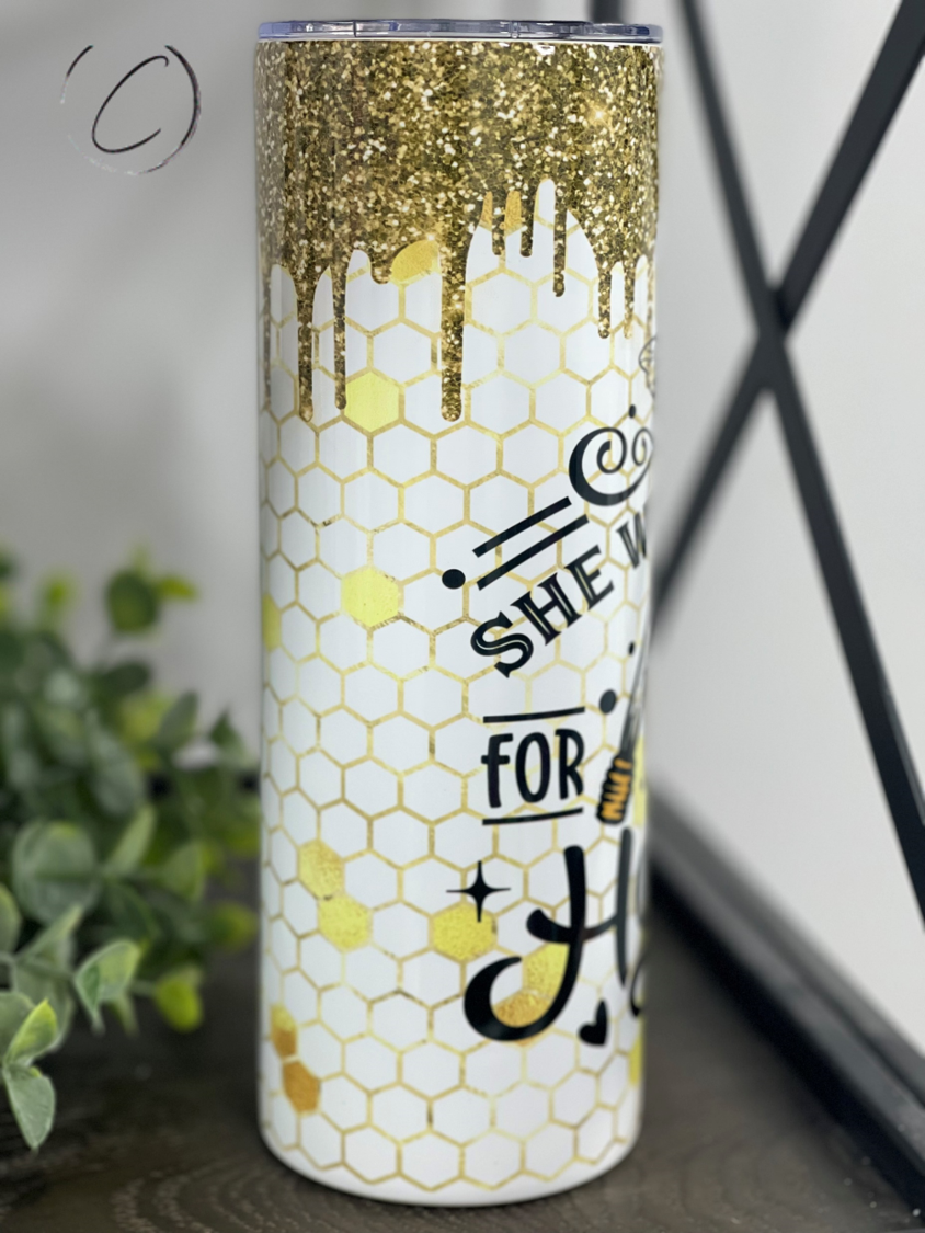 She Works Hard For The Honey 20oz Skinny Tumbler with a vibrant full wrap design, perfect for hot and cold beverages.