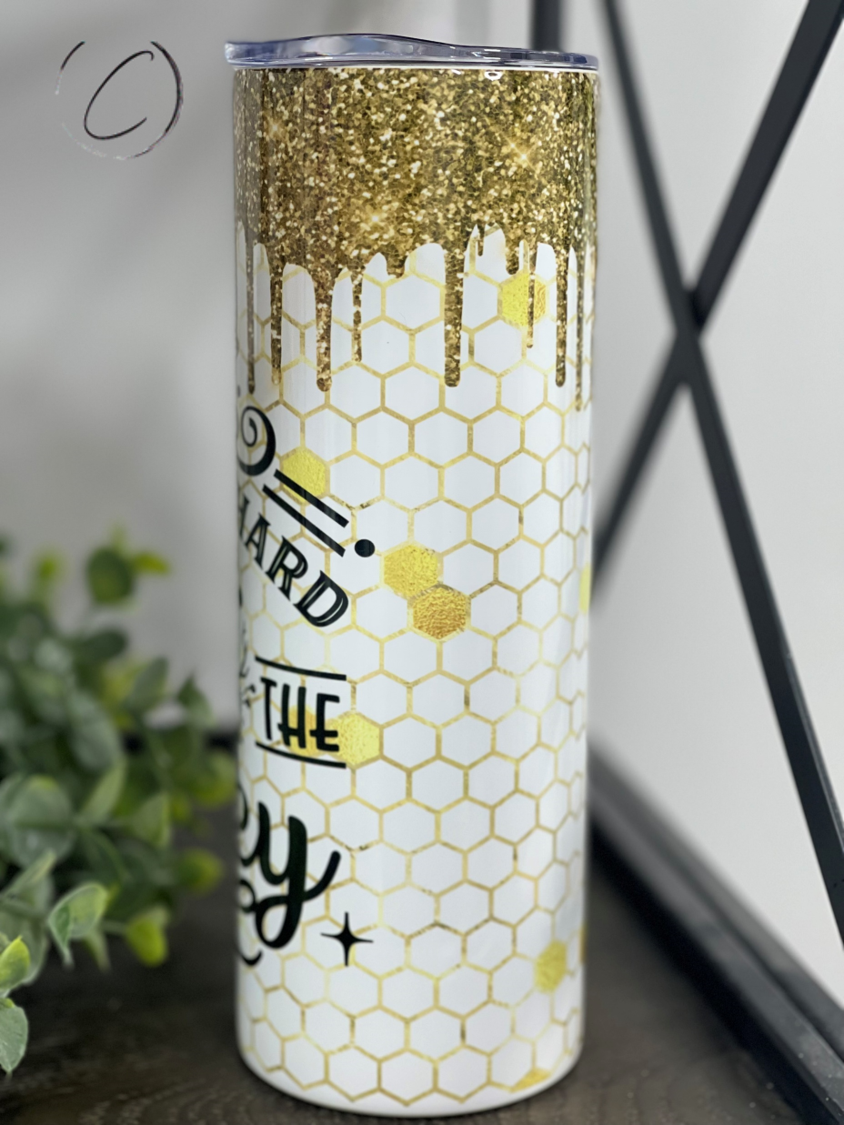 She Works Hard For The Honey 20oz Skinny Tumbler with a vibrant full wrap design, perfect for hot and cold beverages.