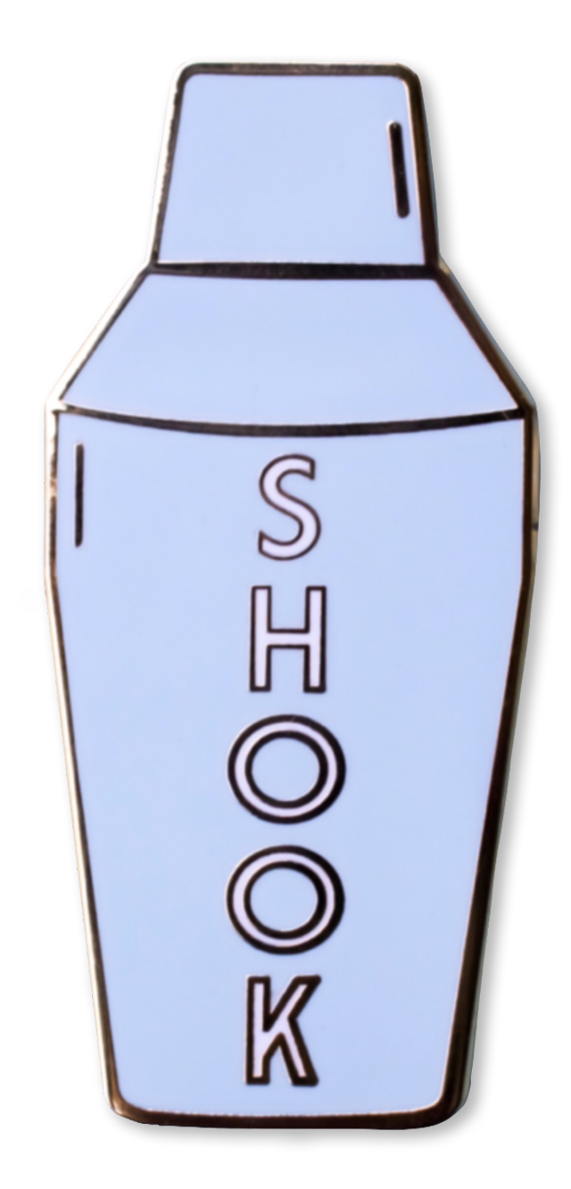 Shook Cocktail Shaker Enamel Pin featuring polished gold detailing and cloisonne-style design, measuring .67" x 1.5".