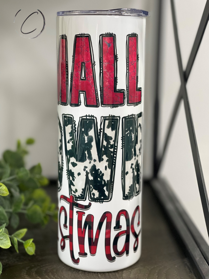 Small Town Christmas 20oz Skinny Tumbler featuring a festive design, perfect for holiday beverages.