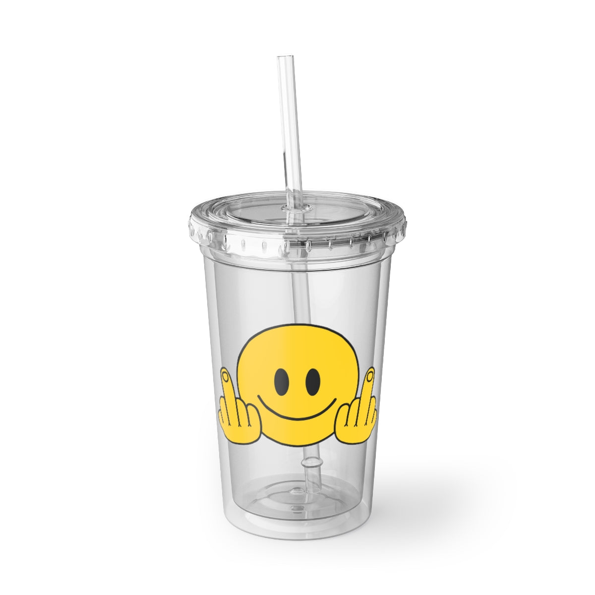 A stylish 16oz acrylic tumbler with a humorous phrase, featuring a double-wall design, plastic lid, and straw, perfect for hot and cold beverages.