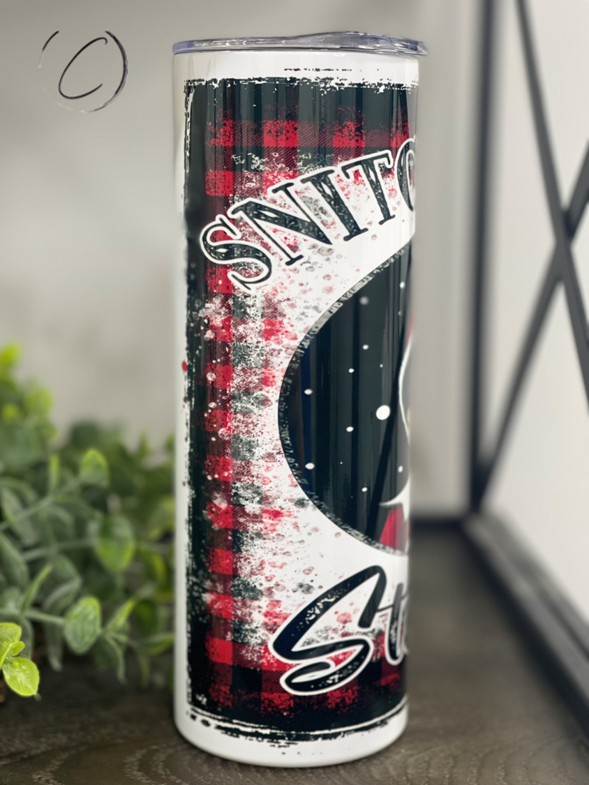 Snitches Get Stitches Elf 20oz Skinny Tumbler with a unique design, perfect for hot and cold beverages.