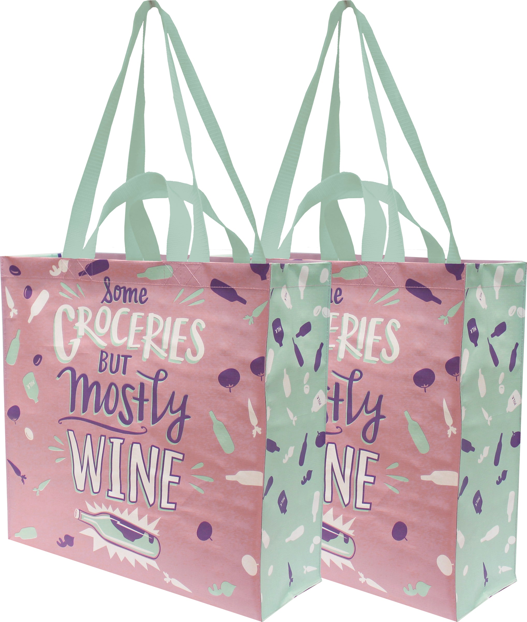 A large market tote bag in pink and blue featuring the phrase 'Some Groceries But Mostly Wine' with veggie and wine bottle designs.