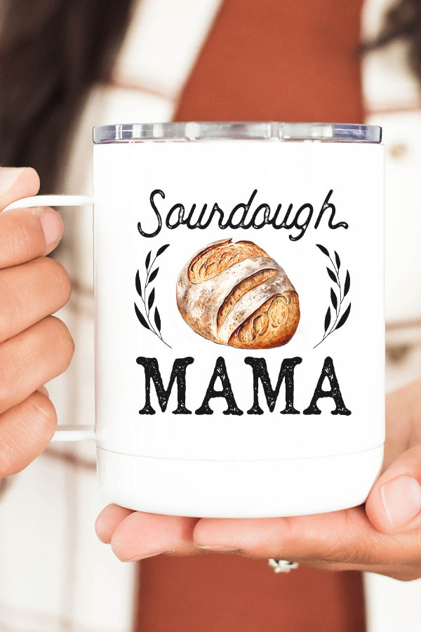 Sourdough Mama Stainless Steel Coffee Travel Cup with double wall insulation and vibrant sublimation dye design on both sides.