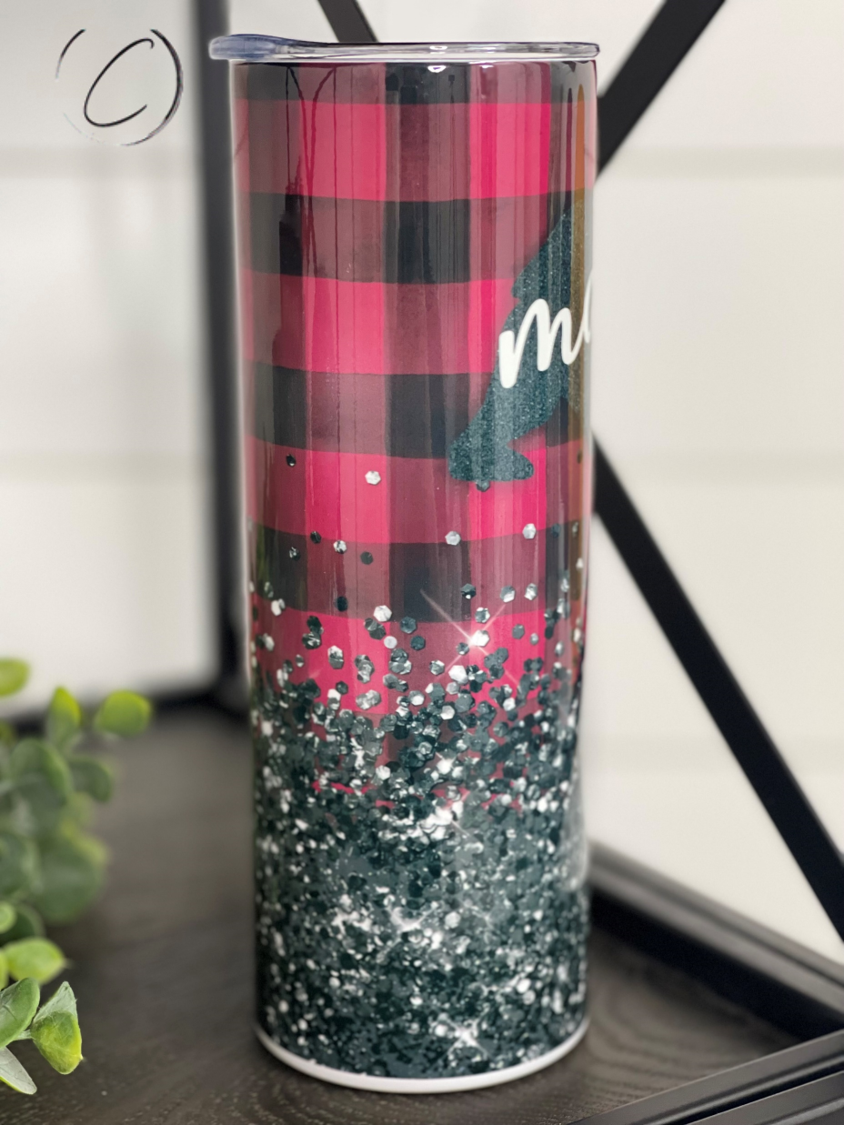 Sparkle & Plaid Mama Bear 20oz Skinny Tumbler with a vibrant design featuring plaid and sparkle elements, perfect for stylish hydration.