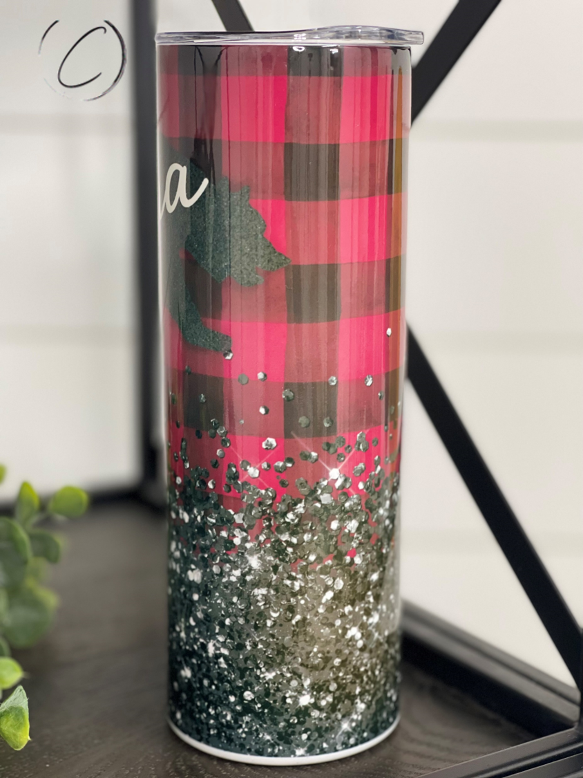 Sparkle & Plaid Mama Bear 20oz Skinny Tumbler with a vibrant design featuring plaid and sparkle elements, perfect for stylish hydration.