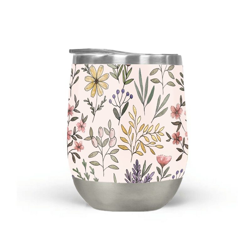 Spring Botanical Stemless Wine Tumbler with floral design, showcasing its stainless steel construction and plastic lid.