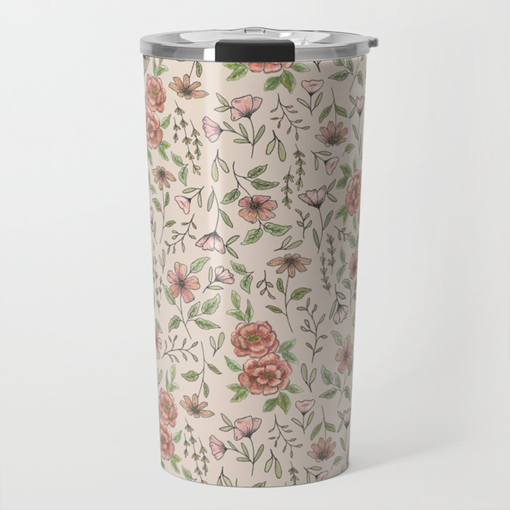 A vibrant Spring Floral Travel Mug made of stainless steel, featuring a beautiful floral design and a vacuum-sealed lid.