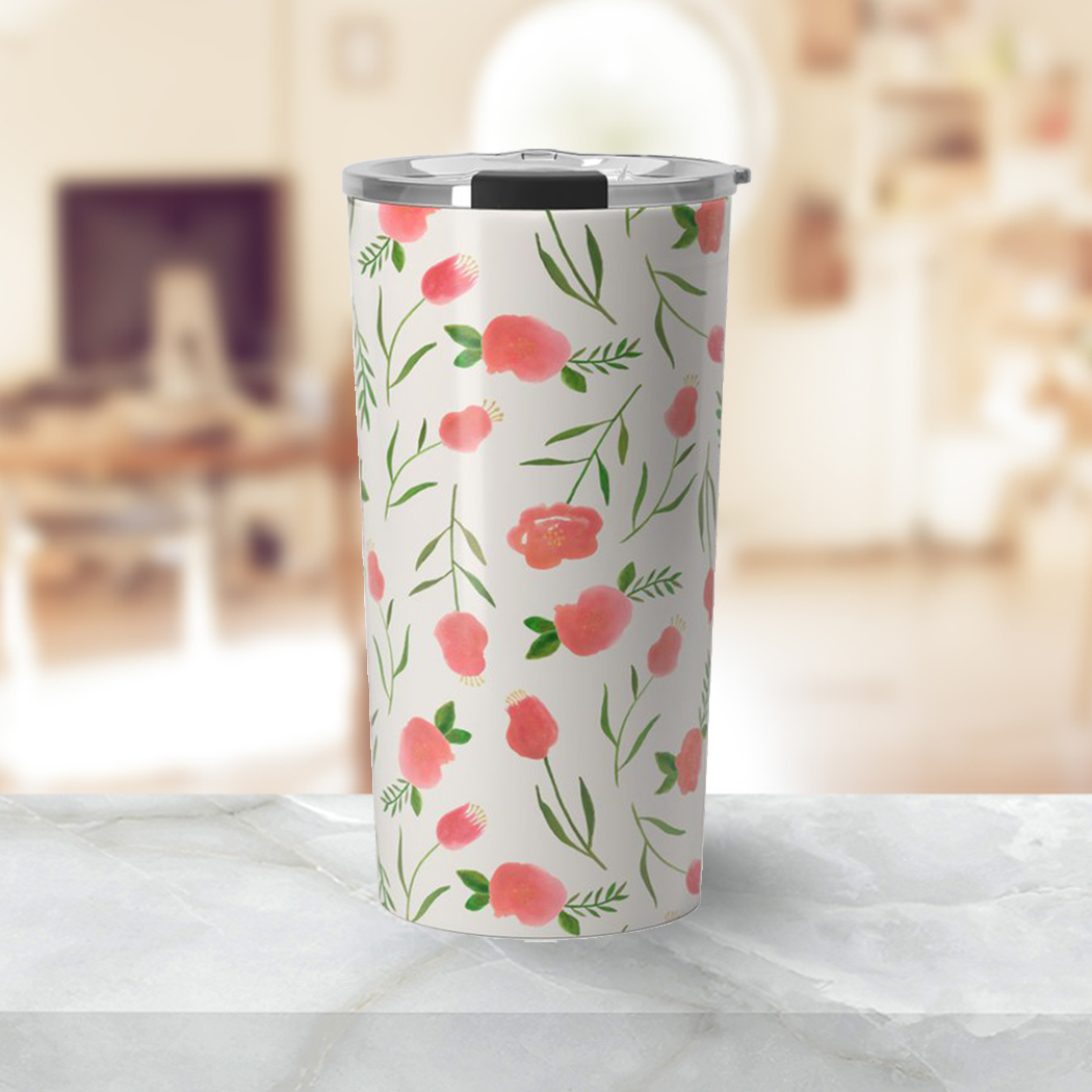 Spring Watercolor Travel Coffee Mug with vibrant watercolor design, made of stainless steel, featuring a vacuum-sealed lid.