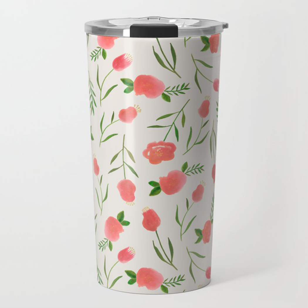 Spring Watercolor Travel Coffee Mug with vibrant watercolor design, made of stainless steel, featuring a vacuum-sealed lid.