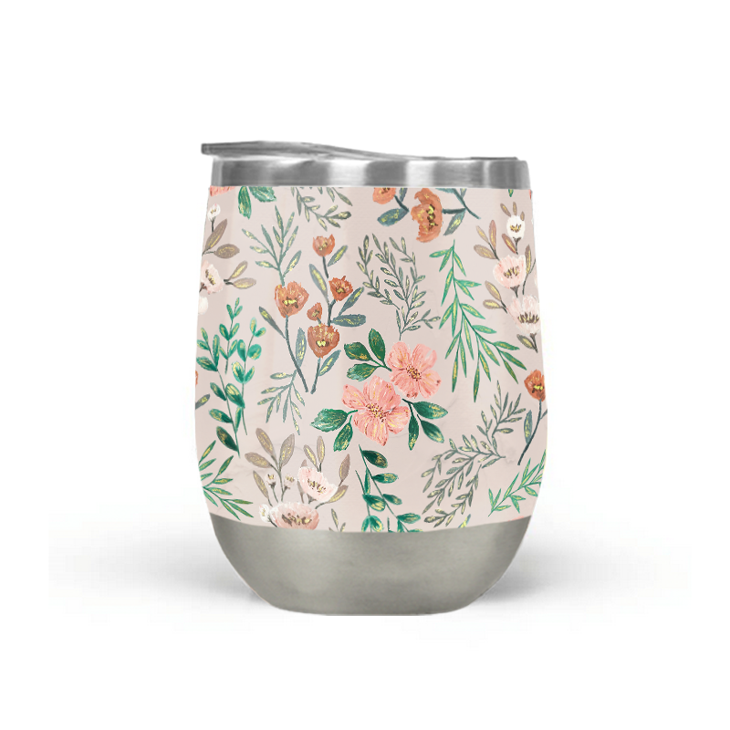 A vibrant Springtime Wine Tumbler made of stainless steel, showcasing its double-wall vacuum insulation and included plastic lid, perfect for outdoor use.