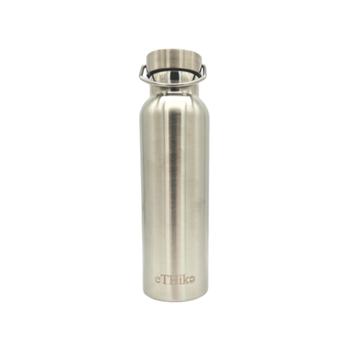 A sleek stainless steel double-walled water bottle with a steel lid, showcasing its stylish design and durable construction.