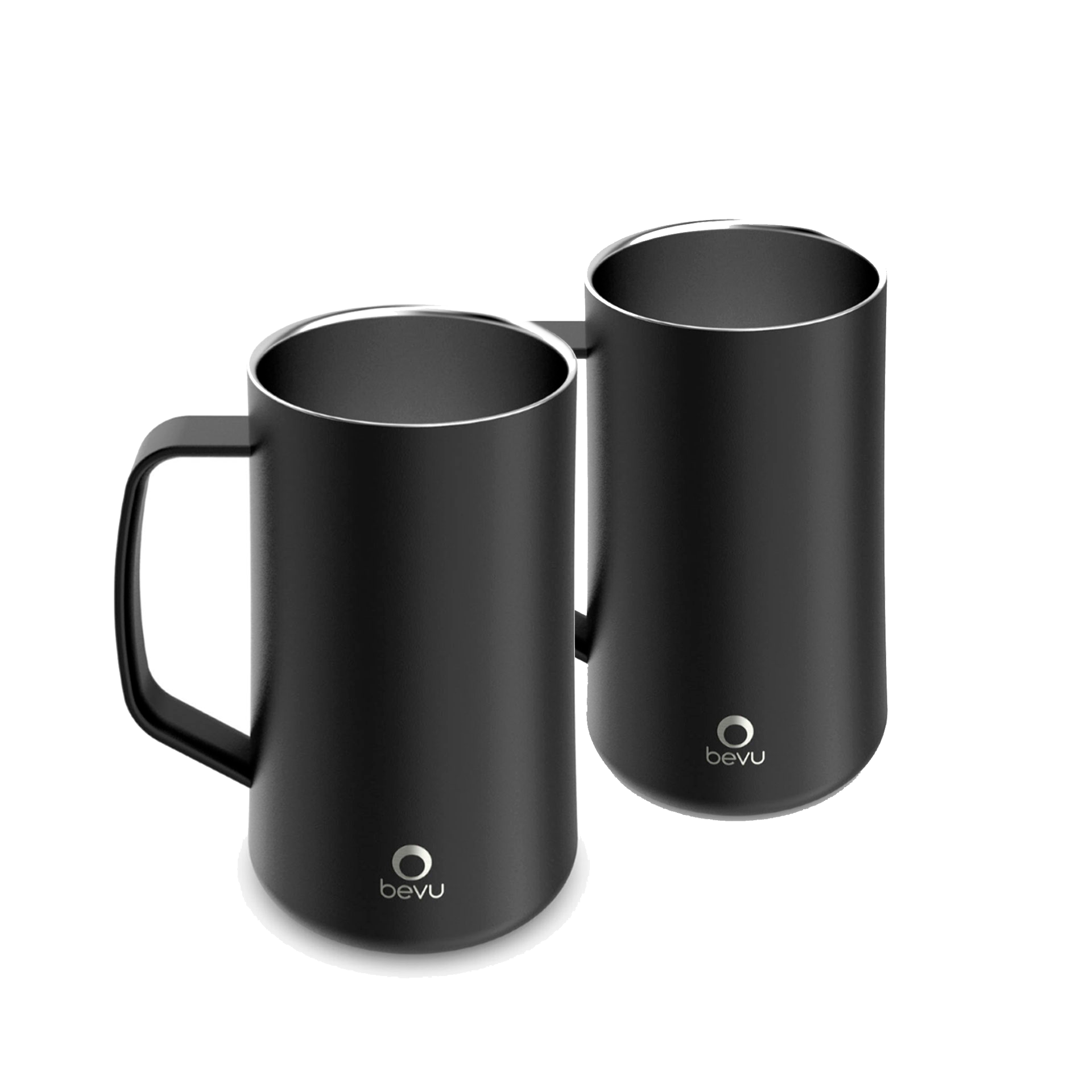 Two 28oz insulated beer steins made of stainless steel, designed to keep beverages cold, featuring a comfortable grip and a sleek finish.