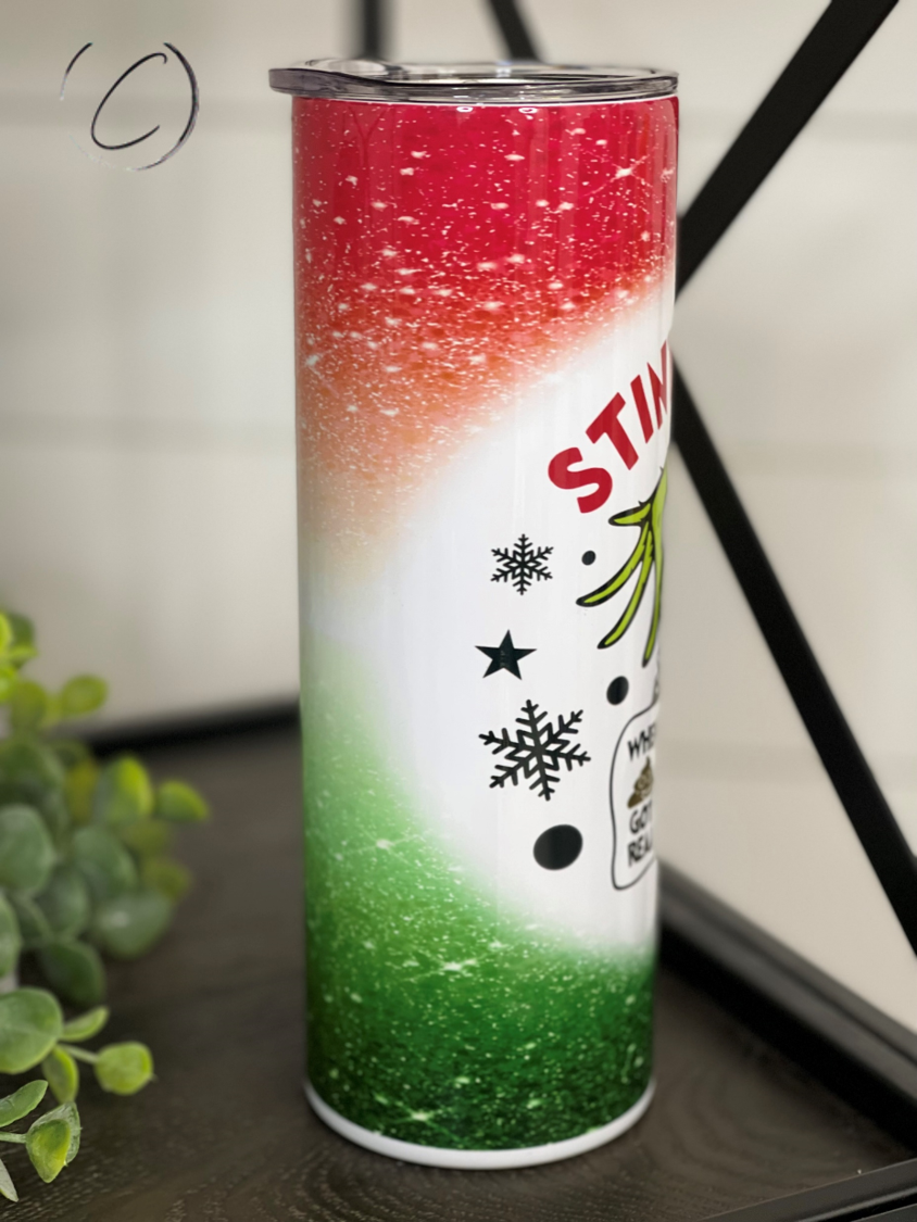 Stink Stank Stunk 2021 20oz Skinny Tumbler with vibrant design and reusable straw.