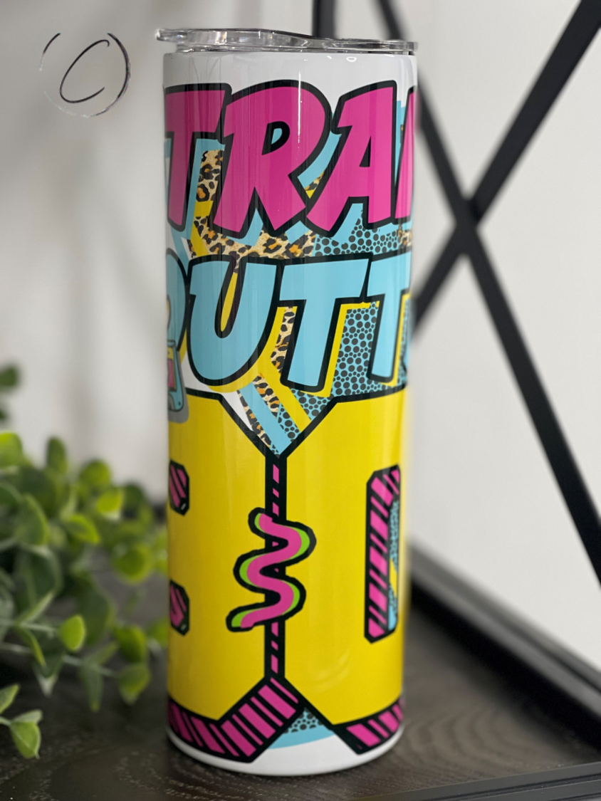 Straight Outta The 80's 20oz Skinny Tumbler featuring a vibrant retro design, perfect for drinks on the go.