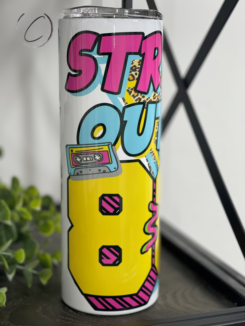 Straight Outta The 80's 20oz Skinny Tumbler featuring a vibrant retro design, perfect for drinks on the go.